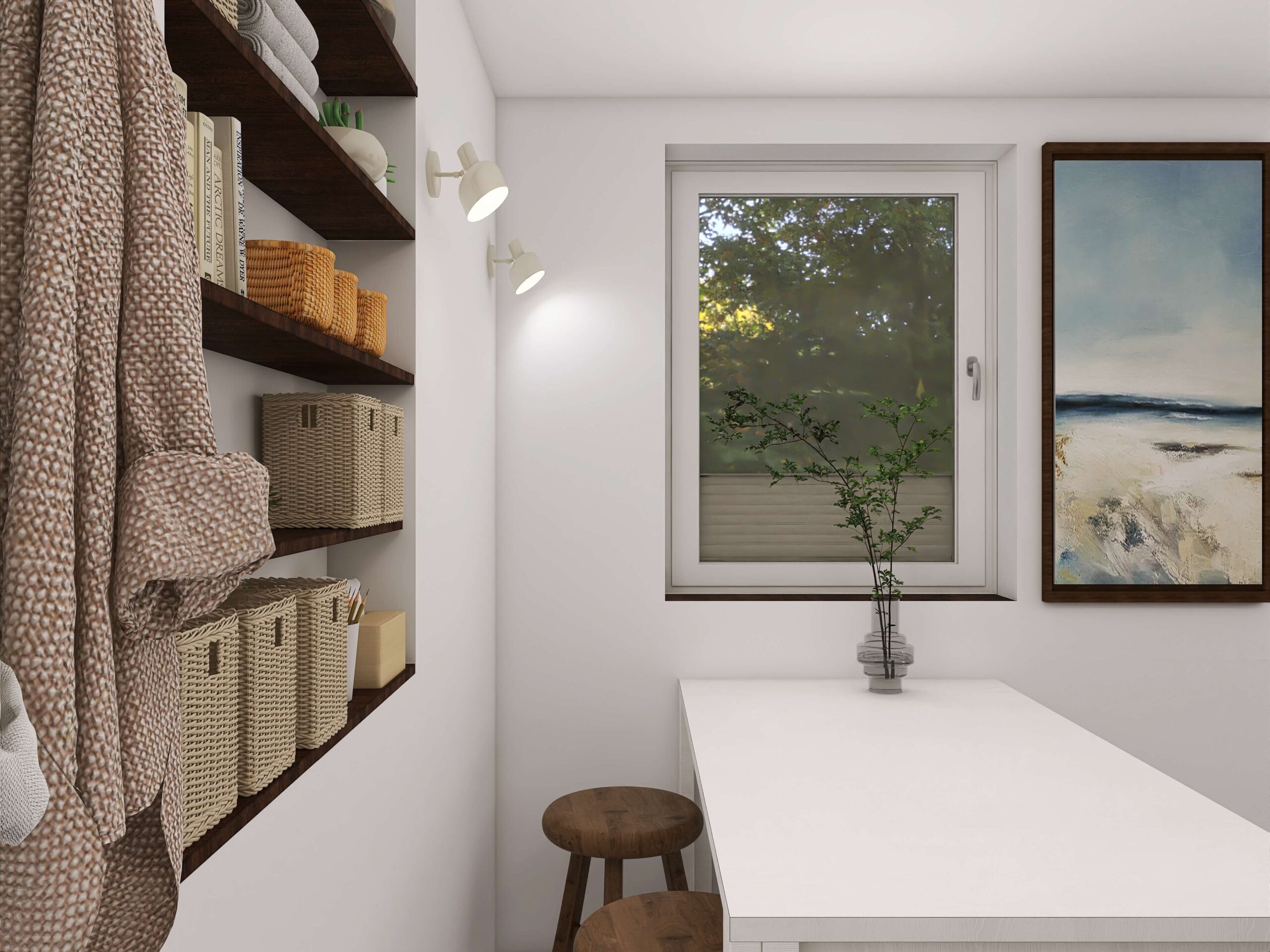 Atelier mit weißen Wänden und weißem Holztisch, visualisiert von Sina Wurm