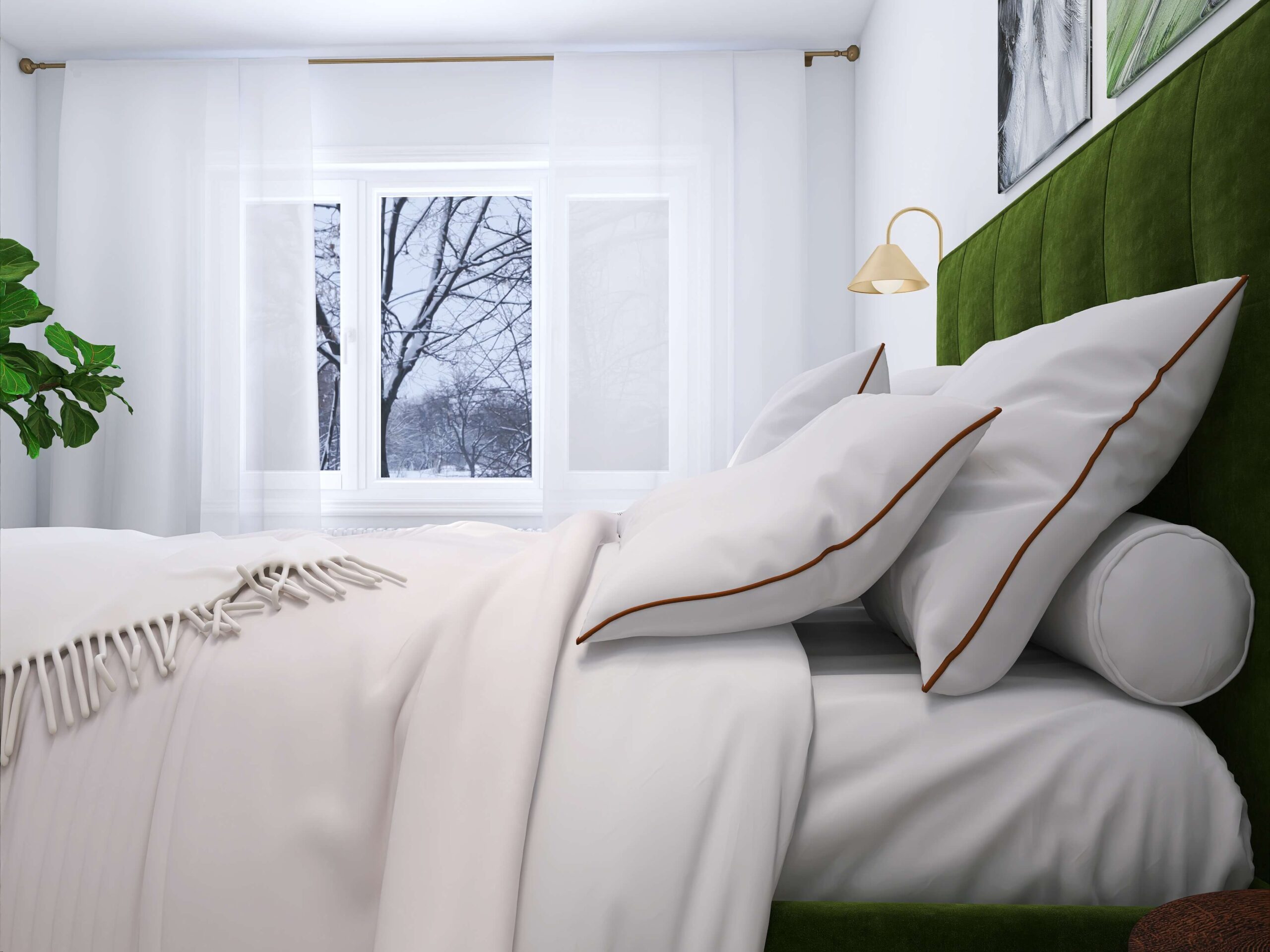 Frisches, elegantes Schlafzimmer in Grün, Weiß und Holz, gestaltet von Sina Wurm